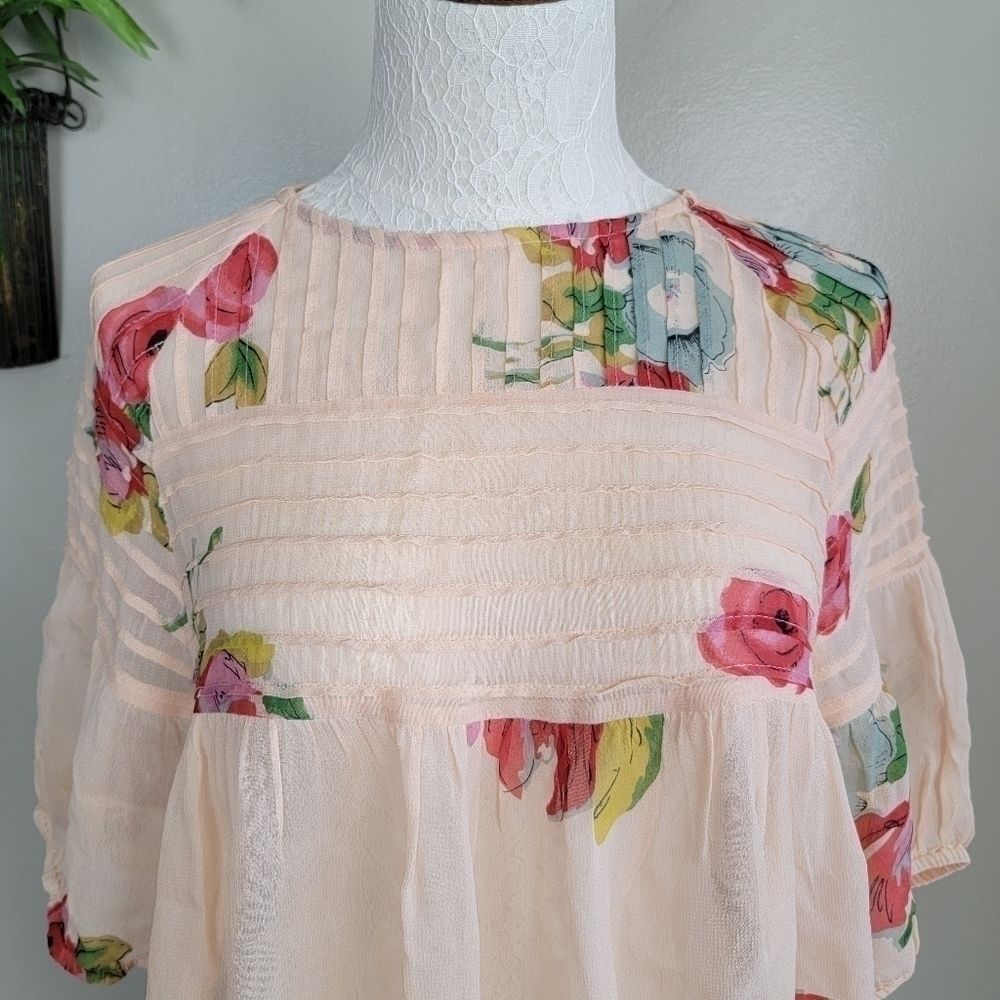 Anthropologie Boho Top One Fine Day Tea Rose Floral Sheer Pleated Pin Tucked S - Picture 3 of 16